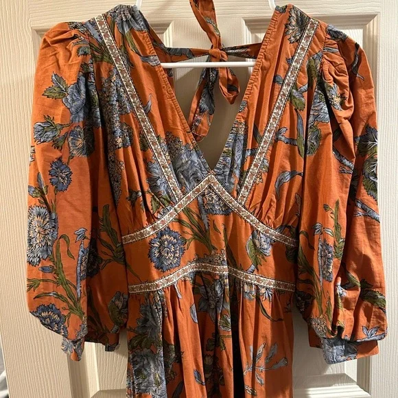HOUSE OF HARLOW 1960 Wanda Midi Dress Orange Floral Puff Sleeve Pockets - Picture 2 of 4